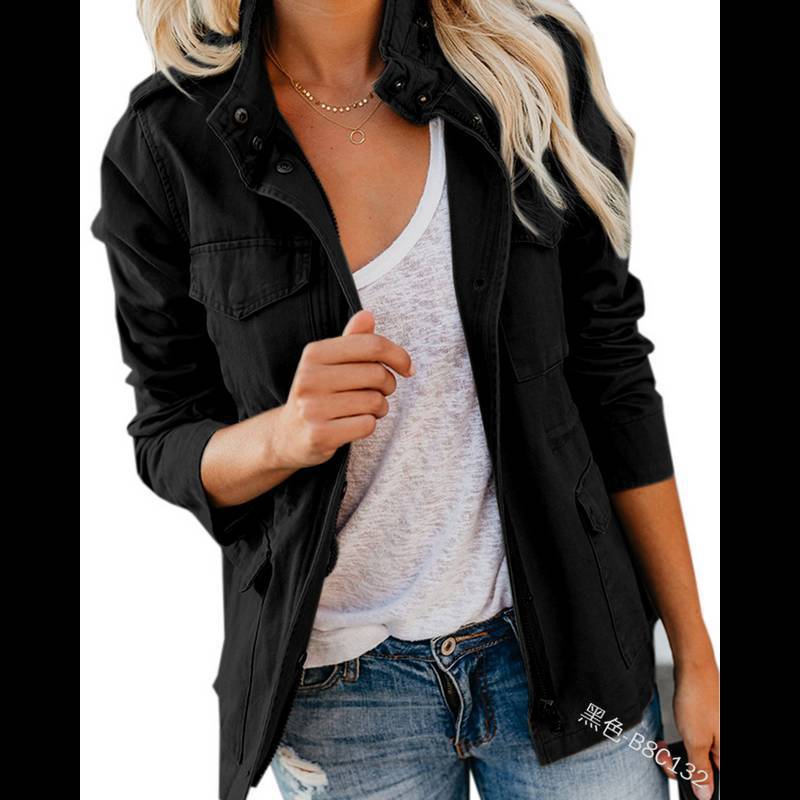 Womens Military Jacket Zip Up Snap Buttons Lightweight Utility Anorak Field Safari Coat Outwear with Pocket - Seldom Seen Styles
