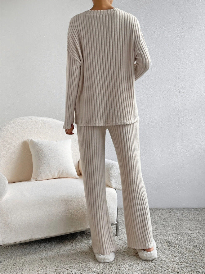 V Collar  Stripe Knitted Suit Two-Piece Set for Women2024Autumn New Fashion Casual Straight-Leg Pants Loose Temperament