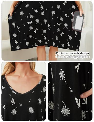 Plus Size Nightgown for Women V-Neck Sleep  Dress Pjs Lounge Short Sleeves Sleepwear With Pocket Fit S-5XL Pajamas Elastic Loungewear Breathable Fabric