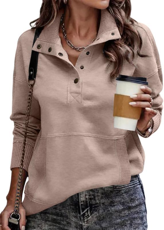 Womens Sweatshirt Casual Long Sleeve Lightweight Sweatshirts Button Loose Pullover Tops