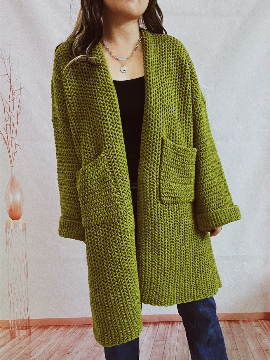 2024Cross-Border Amazon Autumn and Winter New Loose Solid Color Large Pocket Thickened Long Knitted Cardigan Sweater Coat