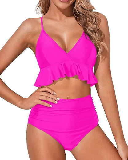 Women Two Piece Swimsuits High Waisted Bikini Set Ruffle Flounce Tummy Control Bottoms Bathing Suit - Seldom Seen Styles