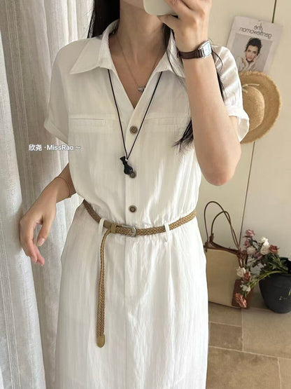 French Style Collared Short Sleeve Shirt Dress A-Line Midi Dress with Woven Belt Included White Black Khaki