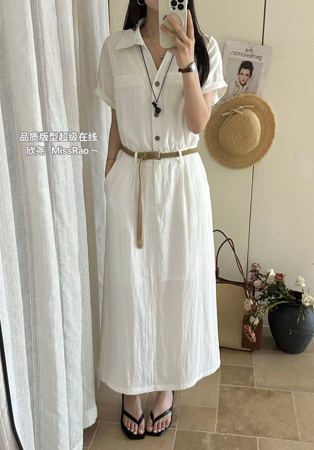 French Style Collared Short Sleeve Shirt Dress A-Line Midi Dress with Woven Belt Included White Black Khaki - Seldom Seen Styles