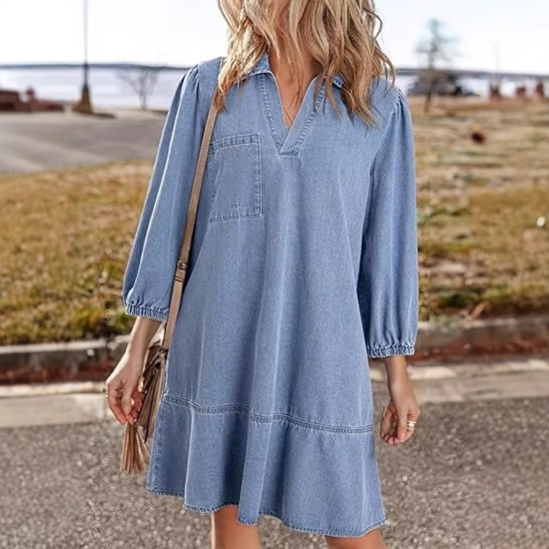 Denim Dress for Women Fashion Fall Casual Babydoll 2025 V Neck 3/4 Puff Sleeve Jean Dresses - Seldom Seen Styles