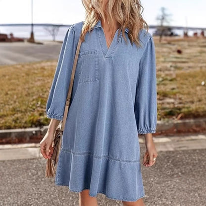Denim Dress for Women Fashion Fall Casual Babydoll 2025 V Neck 3/4 Puff Sleeve Jean Dresses