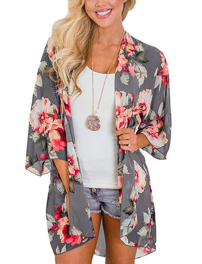 Women's Beach Cover up Swimsuit Kimono with Bohemian Floral Print, Loose Casual Resort Wear