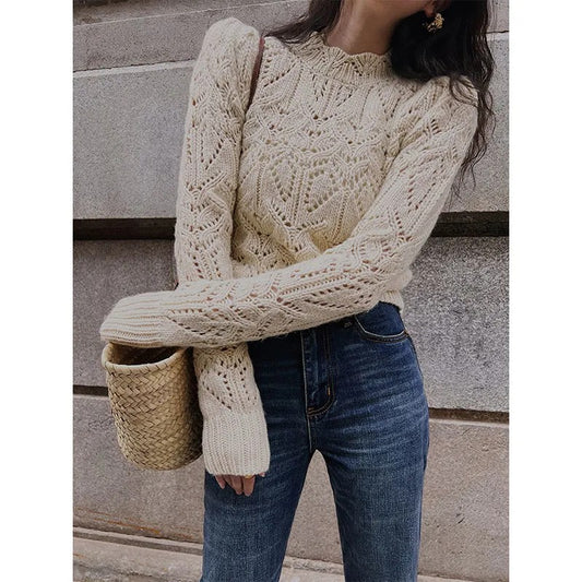 Cross-Border French Style Exquisite Hollow-out Crochet Knitted Air Conditioning Shirt Women's Clothing Spring and Autumn New Fashion All-Matching European and American Woolen Sweater