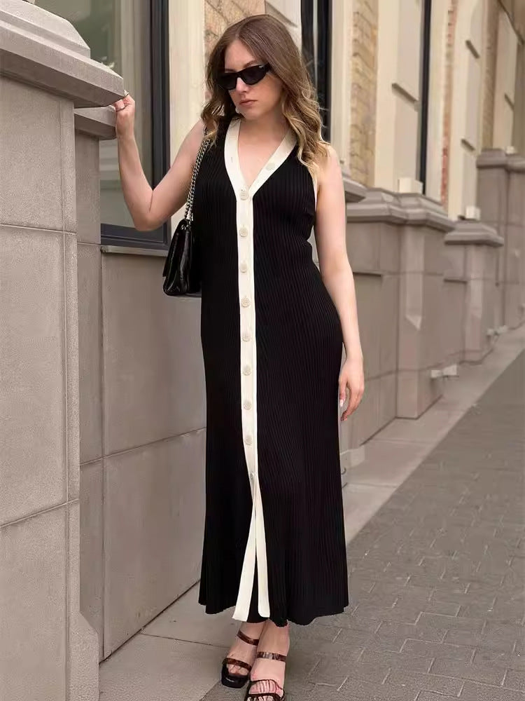 V-neck Sleeveless Single-Breasted Knitted Dress Tight European and American Midi Dress Contrast Color Cardigan Sexy Summer Dress 2024