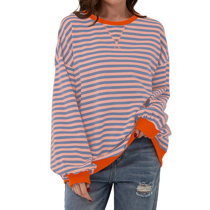 Womens Striped Oversized Sweatshirt Color Block Crew Neck Long Sleeve Casual Loose Pullover Top Y2K Clothes