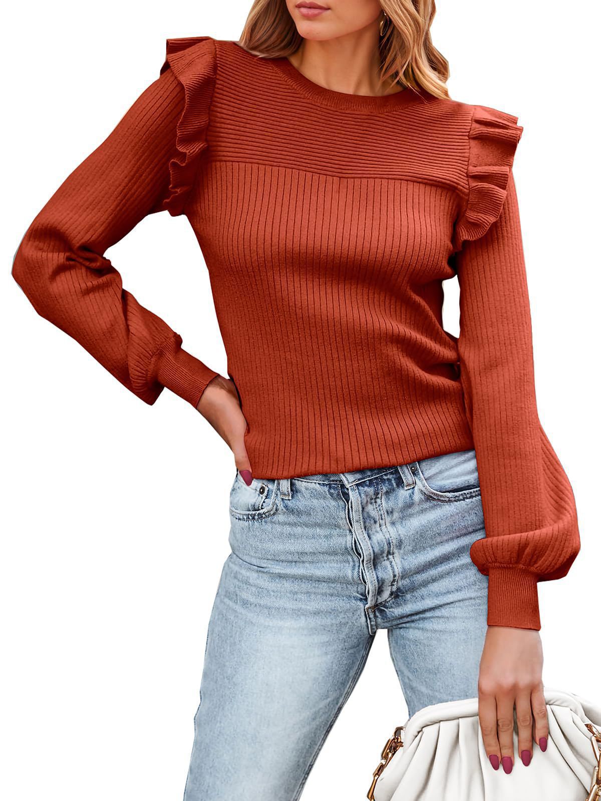 Amazon Cross-Border Women's Ruffled Shoulder Long Sleeve Sweater round Neck Slim Fit2023Autumn and Winter Rib Knitted Top