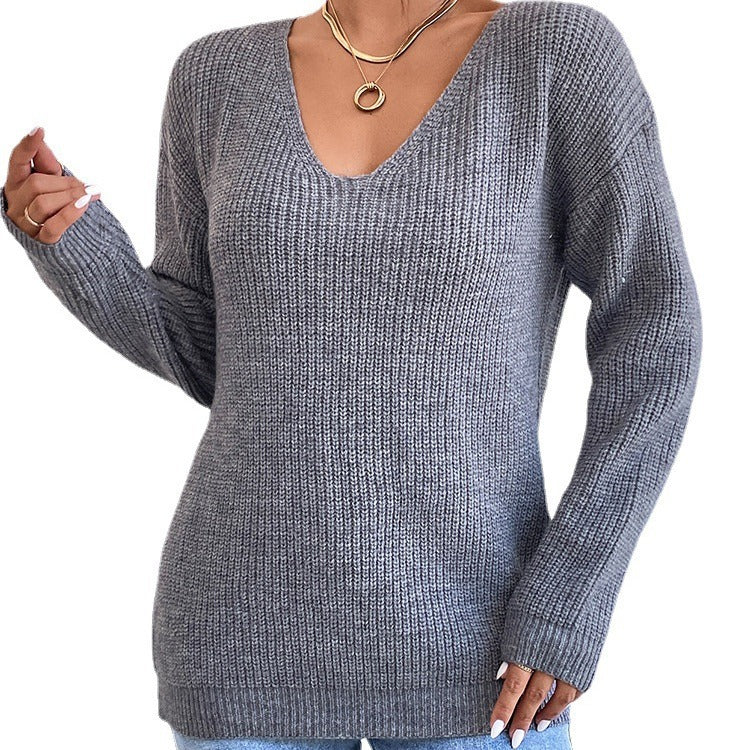 Französischer Pullover mit Spitze im neuen Stil, grenzüberschreitend, europäisch und amerikanisch, sexy, rückenfrei, ausgehöhlter V-Kragen, Pullover mit langen Ärmeln, Spitzenpullover für Damen 