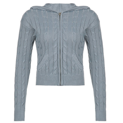 Women's Solid Drawstring Full Zip Up Hooded Spring Crochet Cardigan, Back To School Outfits, Drop Shoulder Kitting Fall Sweater Tops, Cardigan for Women, Casual Solid Dual Pocket Fall Outerwear for New Style, Fall outfits, Fallfreshness