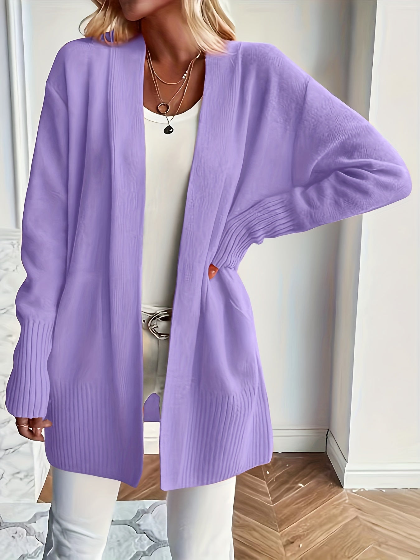 Chic Long Sleeve Knit Cardigan - Cozy Pockets & Open Front - Versatile for Casual Wear, Women's Apparel