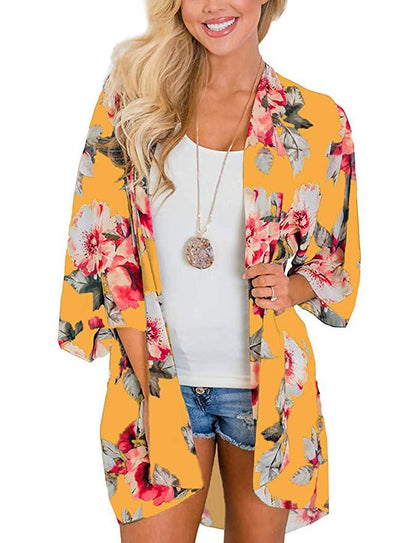 Women's Beach Cover up Swimsuit Kimono with Bohemian Floral Print, Loose Casual Resort Wear