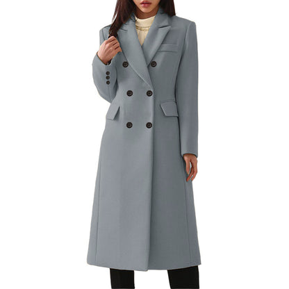 Women's Notch Lapel Double Breasted Wool Blend Mid Long Pea Trench Coat