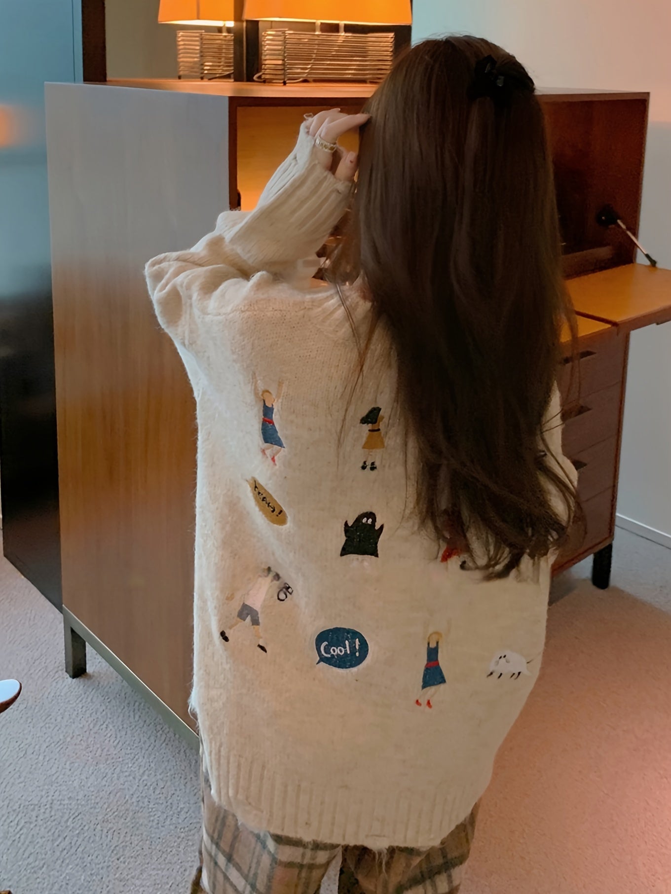 Cartoon Embroidered Crew Neck Sweater, Cute Drop Shoulder Long Sleeve Sweater For Fall & Winter, Women's Clothing