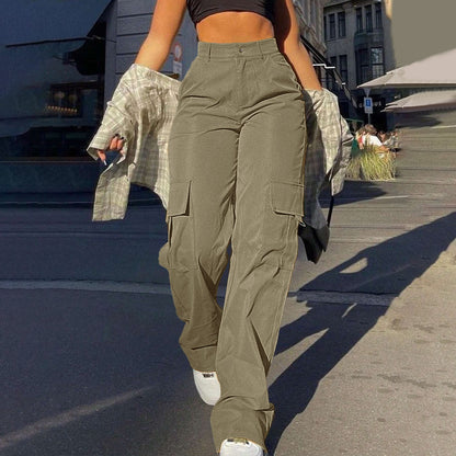Women's Basic Minimalist Plain Button Front Pocket Cargo Pants, Fashion Y2K Clothes Women, Comfort Casual Street High Waist Wide Leg Trousers For Spring & Fall, Summer Pants, Ladies' Bottoms For Daily Wear, Womenswear, Preppy 80s Clothes - Seldom Seen Styles