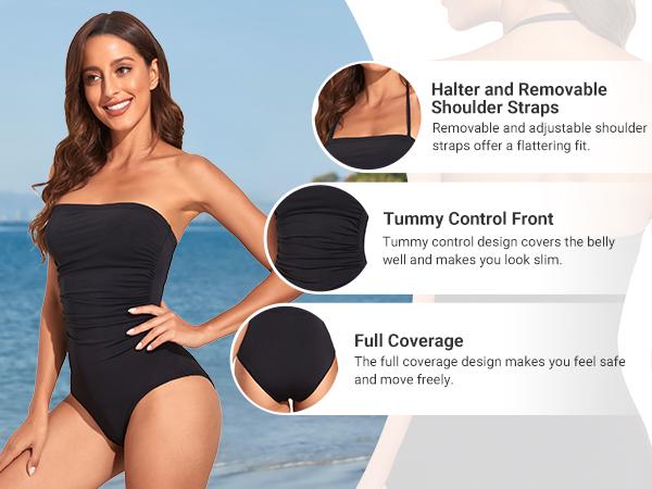 Women Tummy Control One Piece Swimsuits Strapless Bandeau Bathing Suits Slimming Halter Swimwear - Seldom Seen Styles