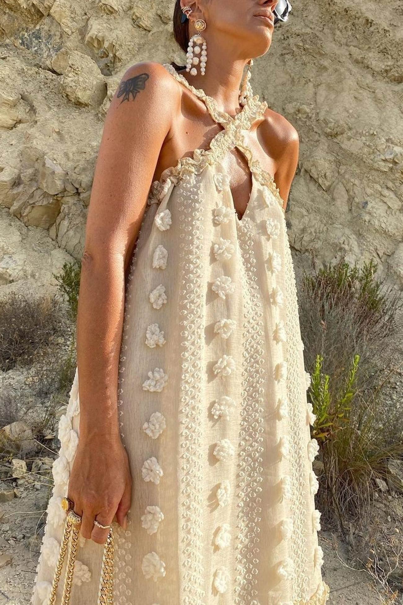 3D Floral Criss-cross Halterneck Maxi Dress - Seldom Seen Styles