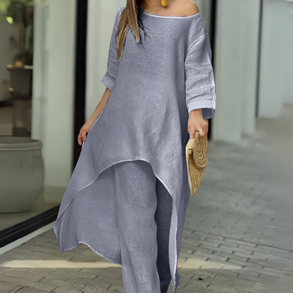Womens Two Piece Set Dress Suit for Women Long Sleeve Cotton Linen Irregular Solid Crewneck Daily Wear Summer Set