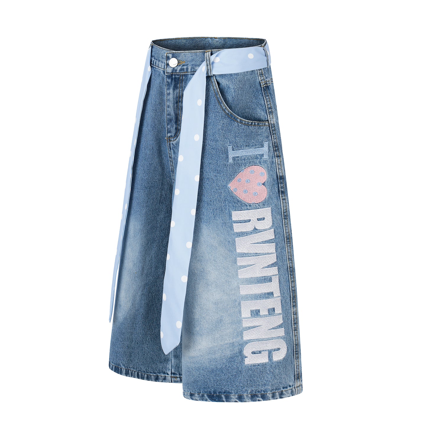 Women's I Love RVNTENG Letter Print Polka Dot Tie Wide Leg Denim Shorts High Waist Casual Streetwear Jean Shorts