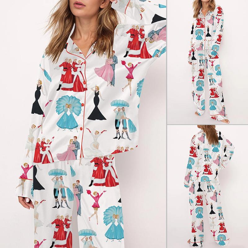 White Christmas Satin Pajama Set For Women Print Comfy Satin Sleepwear & Loungewear Pjs Printing Short Sleeve Top & Shorts - SHESHOW - Seldom Seen Styles