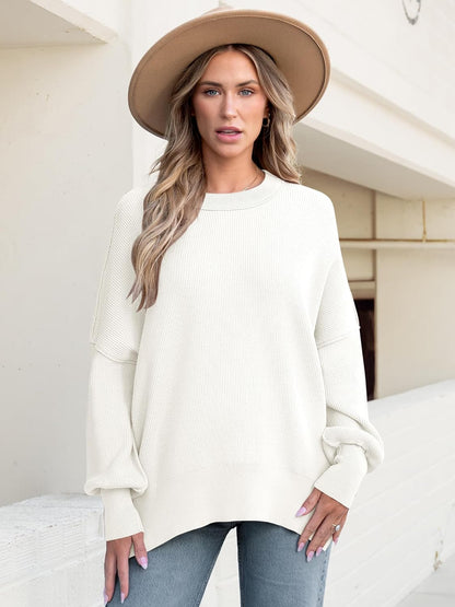 ANRABESS Women Crewneck Batwing Long Sleeve 2024 Fall Oversized Side Slit Ribbed Knit Pullover Sweaters Top Cozy Outfits