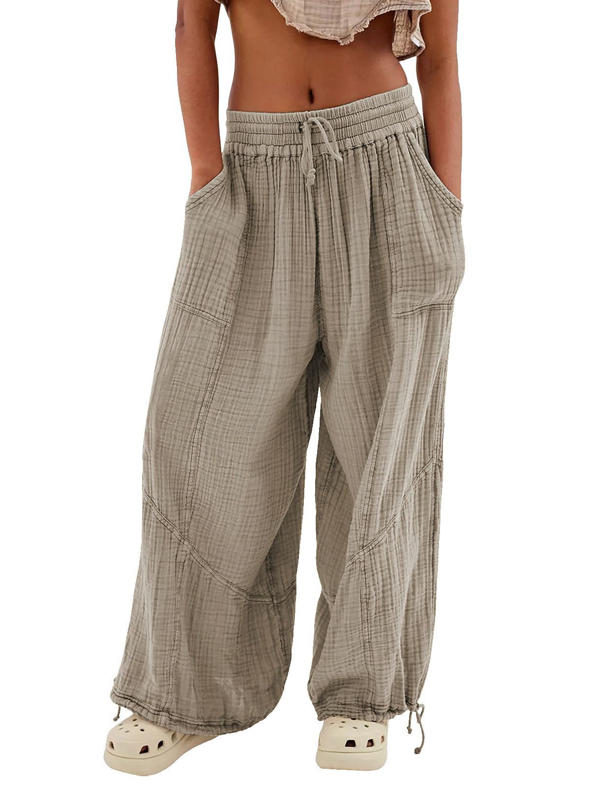 Womens Casual Loose Fit Wide Leg Cotton Pants Drawstring Stitching Baggy Pants Trousers with Pockets - Seldom Seen Styles