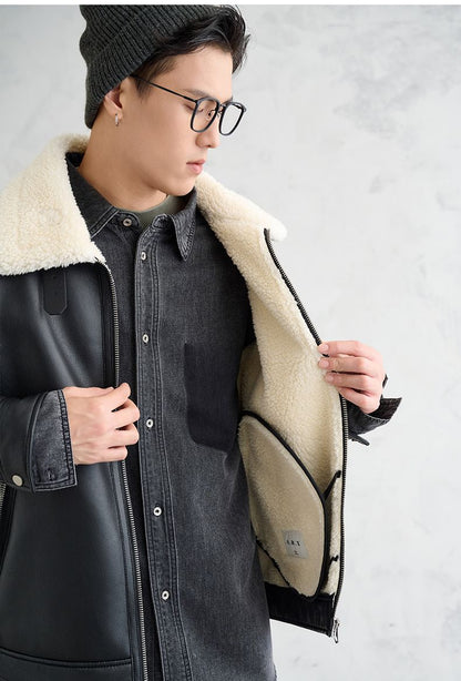 [PU leather composite imitation lamb wool collar] Winter fur integrated thickened thermal leather jacket jacket men
