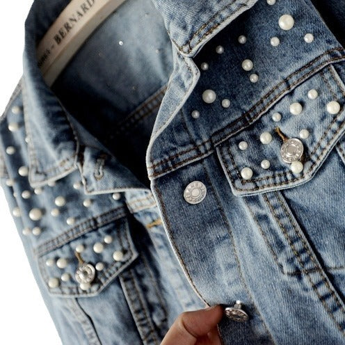 Women's Fashion Loose Embroidered Pearls Beading Cropped Denim Jacket Jean Coat - Seldom Seen Styles