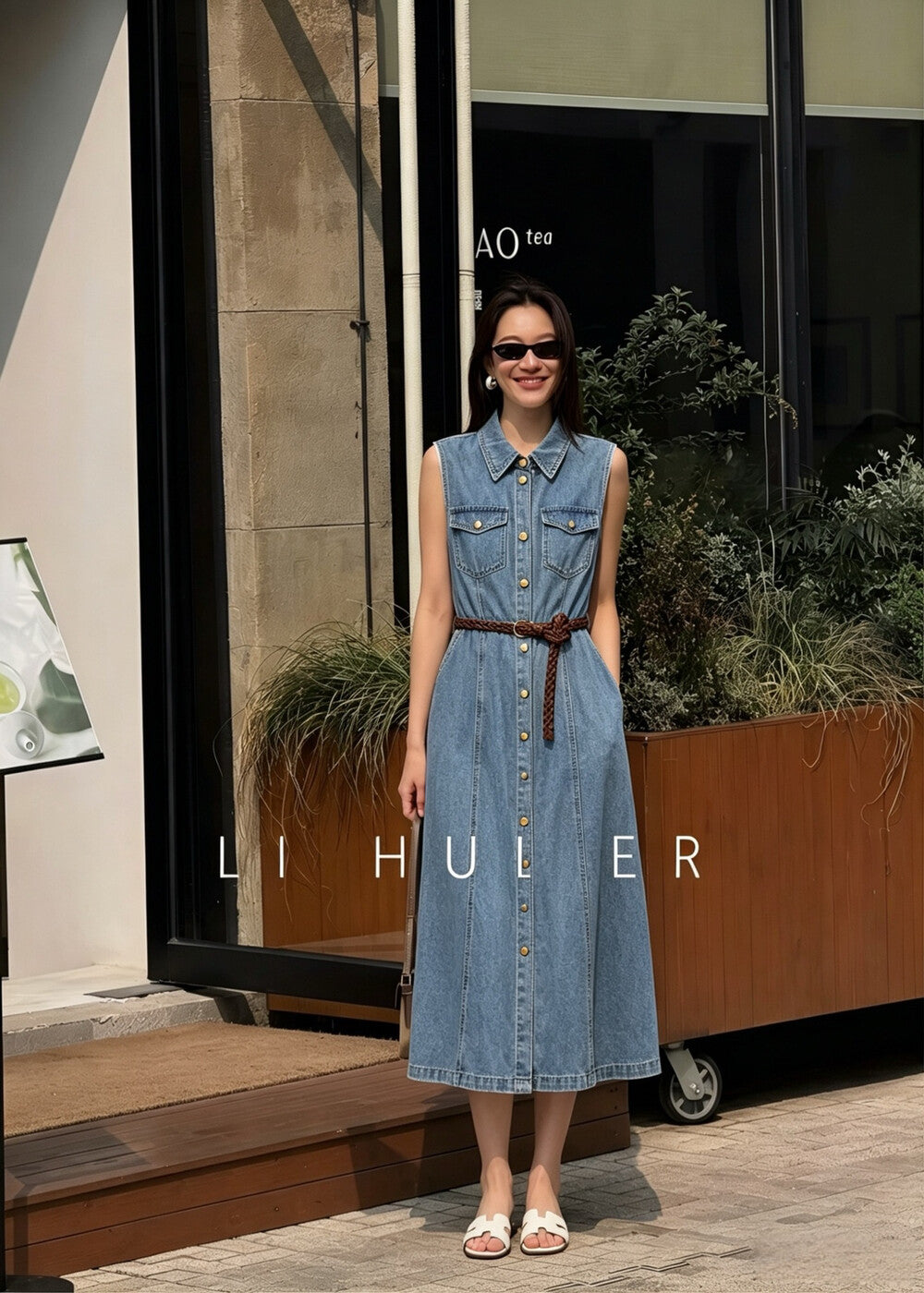 Women's Light Blue Denim Sleeveless A-Line Midi Dress Gold Button Dual Chest Pockets with Free Braided Belt S M L XL - Seldom Seen Styles