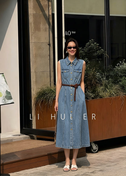 Women's Light Blue Denim Sleeveless A-Line Midi Dress Gold Button Dual Chest Pockets with Free Braided Belt S M L XL
