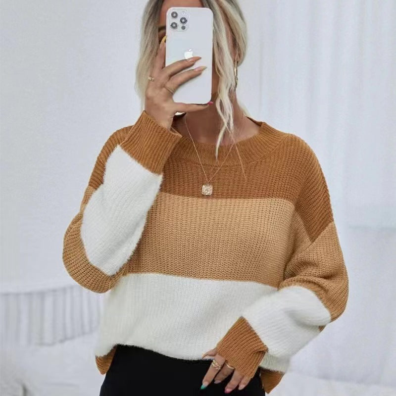 2024Amazon Autumn and Winter Cross-Border Women's Knitted Fashion round Neck Pullover Stripe Contrast Color Sweater Women