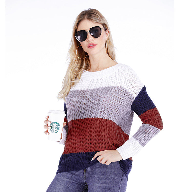 Cross-Border2024Autumn and Winter Amazon New Contrast Color Striped Pullover Women's Loose plus Size Rainbow Sweater Women's