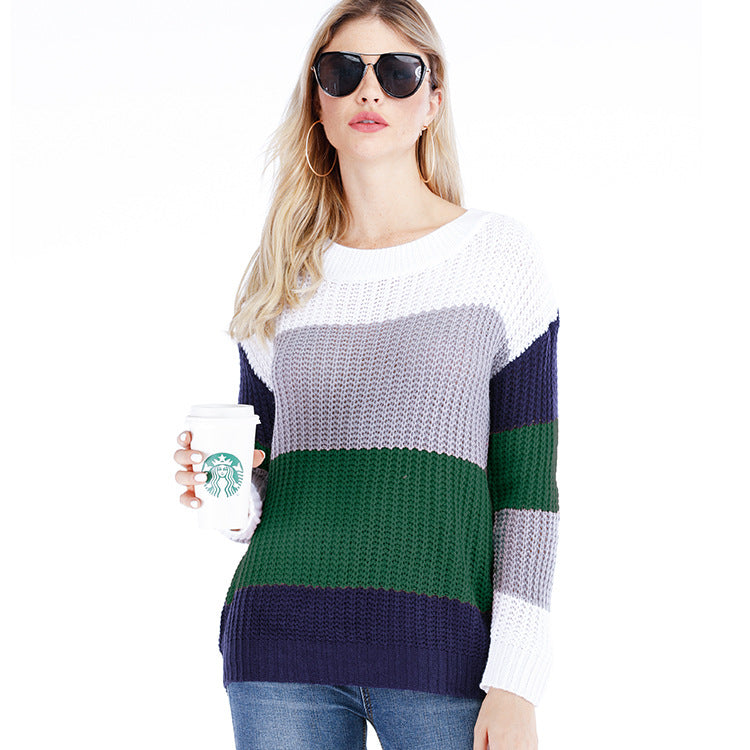 Cross-Border2024Autumn and Winter Amazon New Contrast Color Striped Pullover Women's Loose plus Size Rainbow Sweater Women's