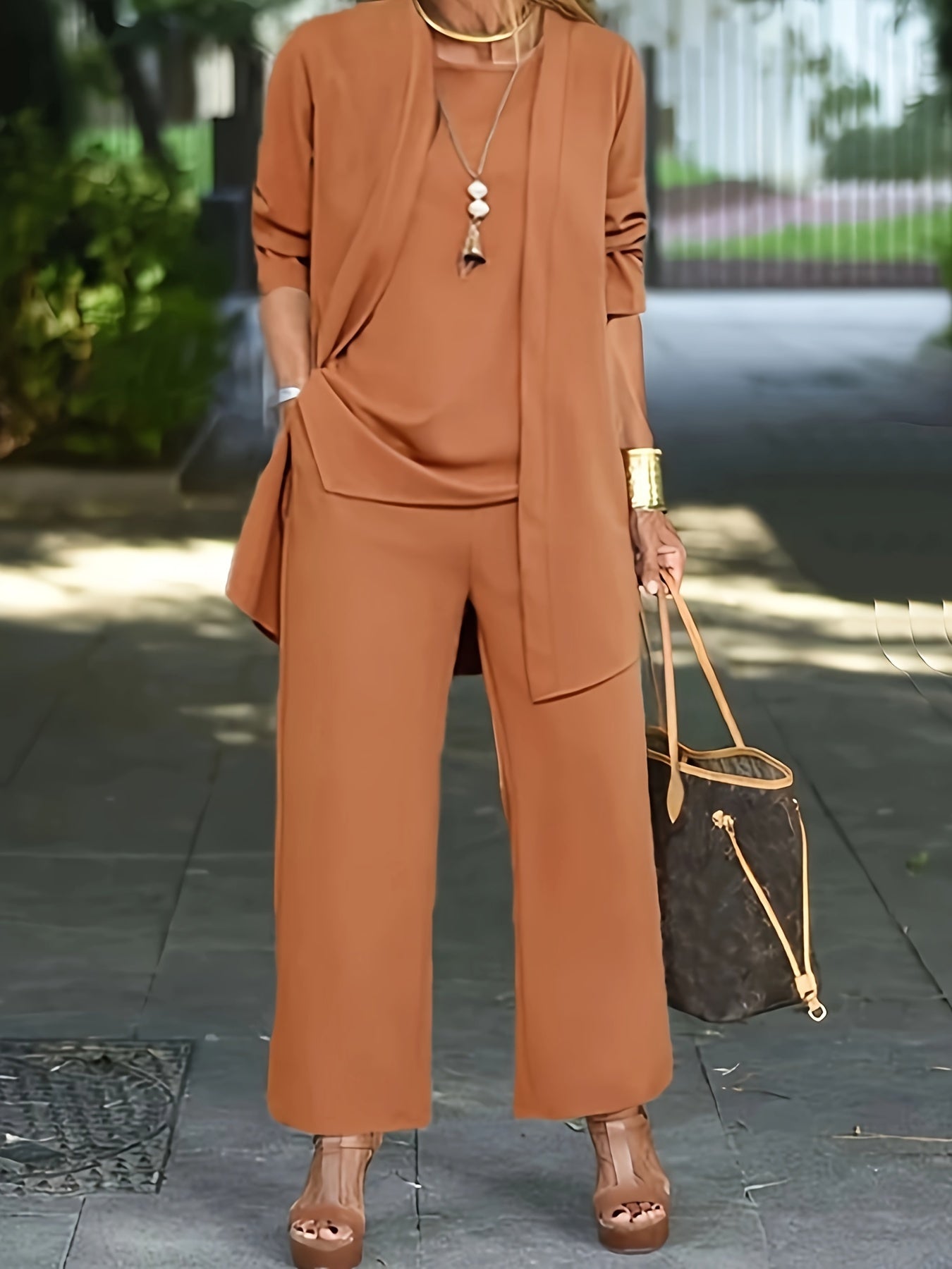 Chic Solid Three-Piece Outfit Set - Comfy Long Sleeve Cardigan, Versatile Top & Sleek Pants - Everyday Casual Wear for Women