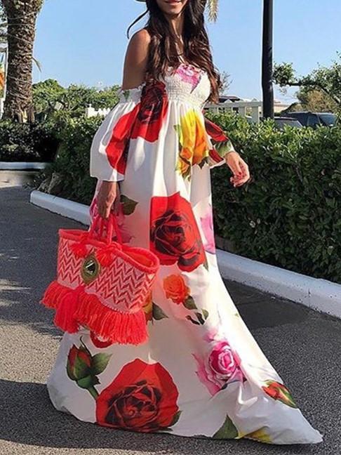 White Rose Floral Strapless Off Shoulder Sleeve Big Hem Long Dress - Seldom Seen Styles