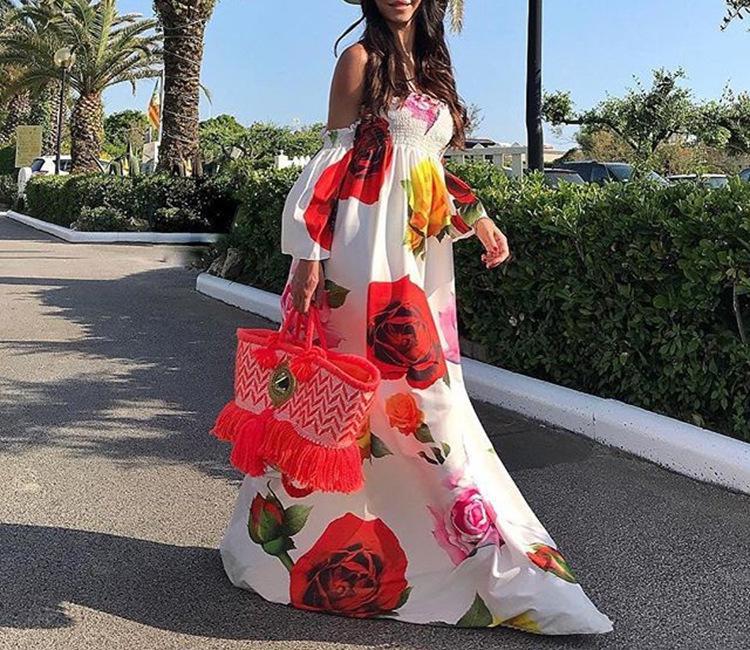 White Rose Floral Strapless Off Shoulder Sleeve Big Hem Long Dress - Seldom Seen Styles