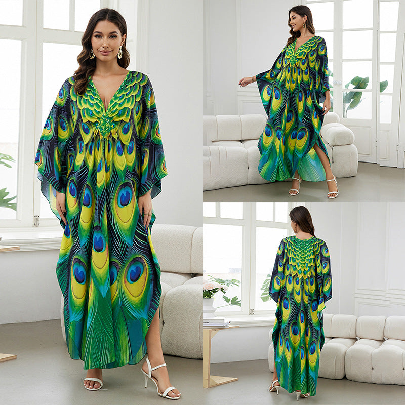 [Plus Size] Butterfly/feather Print Ruched Split Hem Tunic Dress, Valentine's Day Elegant Batwing Sleeve V Neck Long Dress for Summer, Casual Womenswear, Gift, Homecoming Dresses, Women's Clothes for Beach Holiday Vacation, Moo Moo Dresses