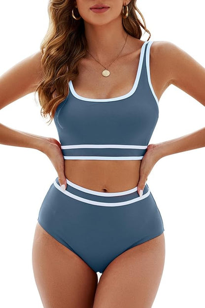 Womens High Waisted Bikini Color Block Swimwear Bandeau Top Sports Style Scoop Crop Swimsuit 2 Piece Bathing Suits - Seldom Seen Styles