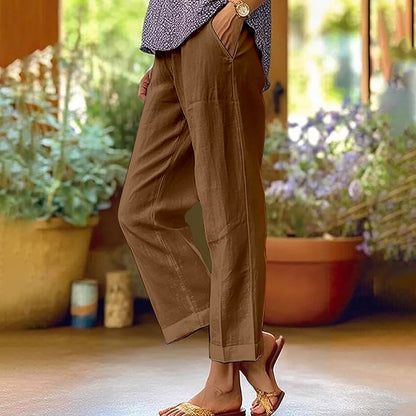 Leinenhose Damen Sommer Elastische Taille Gerades Bein Übergröße Crop Pants Lässige Strandhose mit Taschen