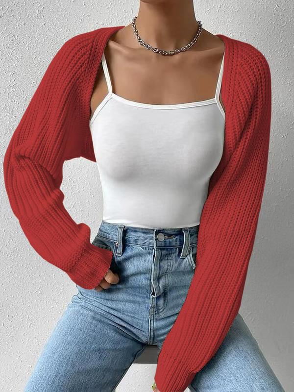 Women's Solid Raglan Sleeve Crop Cardigan Without Camisole, Casual Long Sleeve Knitwear for Spring & Fall, Women's Clothing for Daily Wear