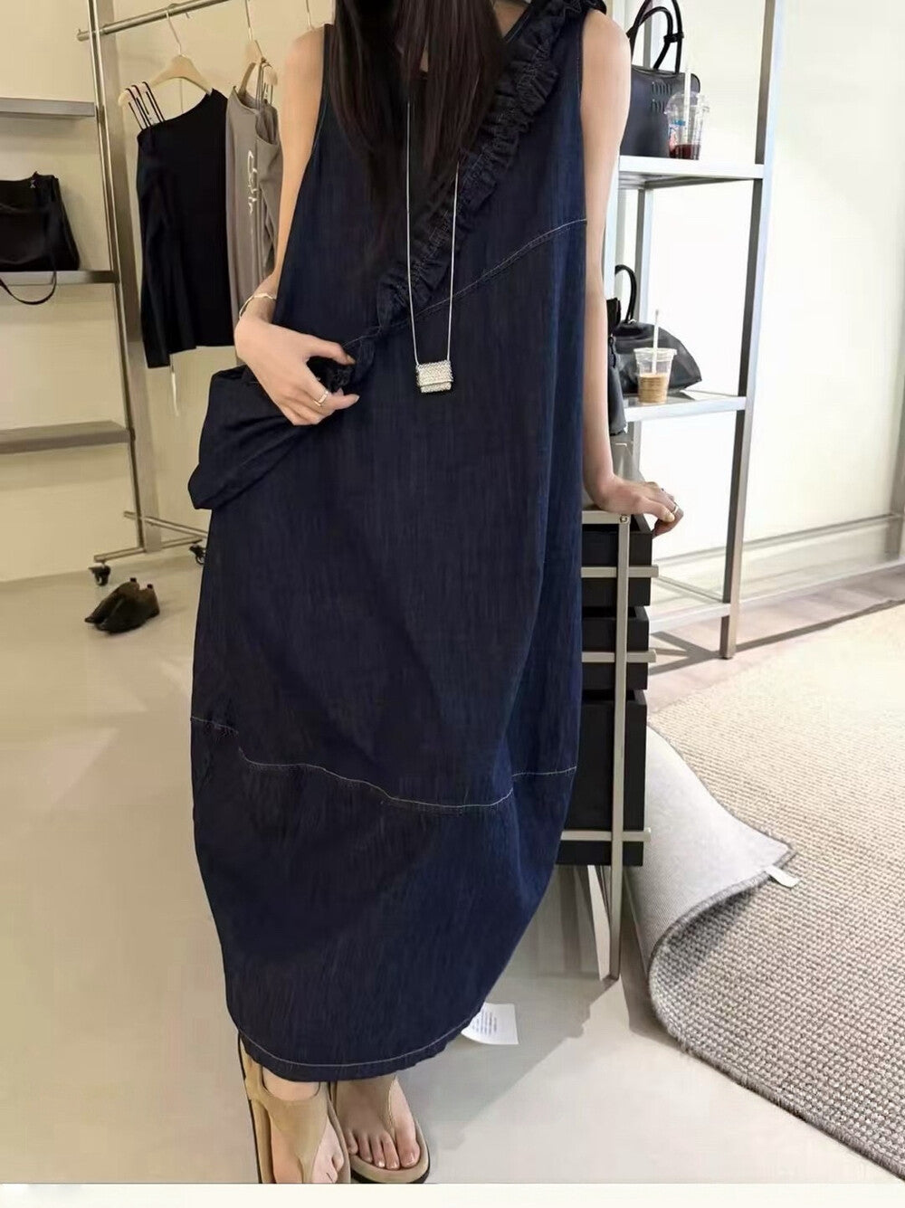 Women's Denim Sleeveless Diagonal Ruffle Trim A-Line Maxi Dress Drawstring Detail Light Blue Dark Navy One Size NNY with Free Bag - Seldom Seen Styles