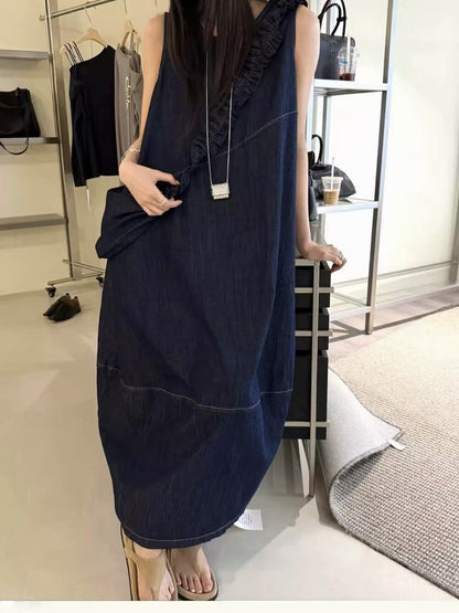 Women's Denim Sleeveless Diagonal Ruffle Trim A-Line Maxi Dress Drawstring Detail Light Blue Dark Navy One Size NNY with Free Bag