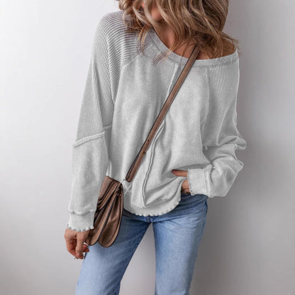 Women's Cotton Waffle Knit Casual Crew Neck Long Sleeve Back Seam Pullover Sweatshirt