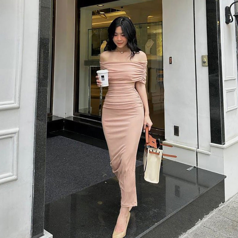 2024Spring European and American off-Shoulder Pleated Dress Slim Fit Slimming Slit Base Skirt Formal Dress