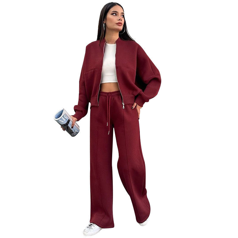 Women's Solid Zip Up Crop Jacket & Drawstring Waist Pants Two-piece Set, Casual Fashion Drop Shoulder Long Sleeve Top & High Waist Trousers Womenswear Suits for Outdoor Wear, Women's Clothing for Spring & Fall 90s Clothes - Seldom Seen Styles