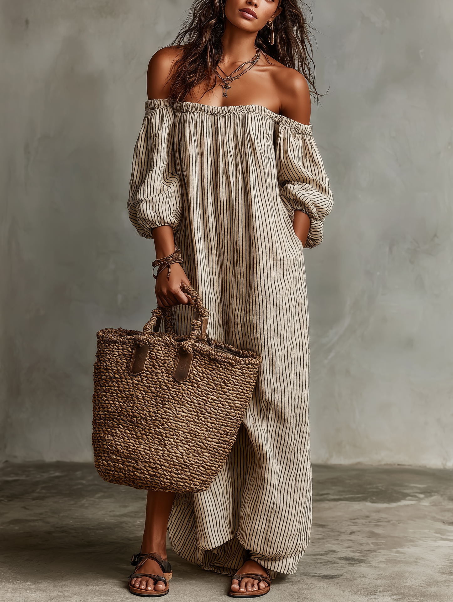 Women's Loose Cotton-Linen Off-Shoulder Long Sleeve Maxi Dress - Seldom Seen Styles