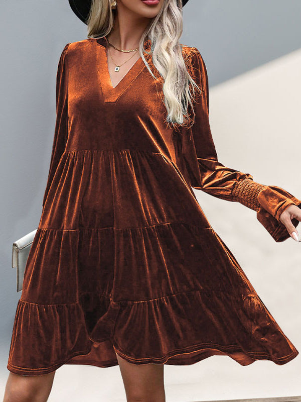 A-Line Long Sleeves Pleated Solid Color Velvet V-Neck Mini Dresses - Seldom Seen Styles